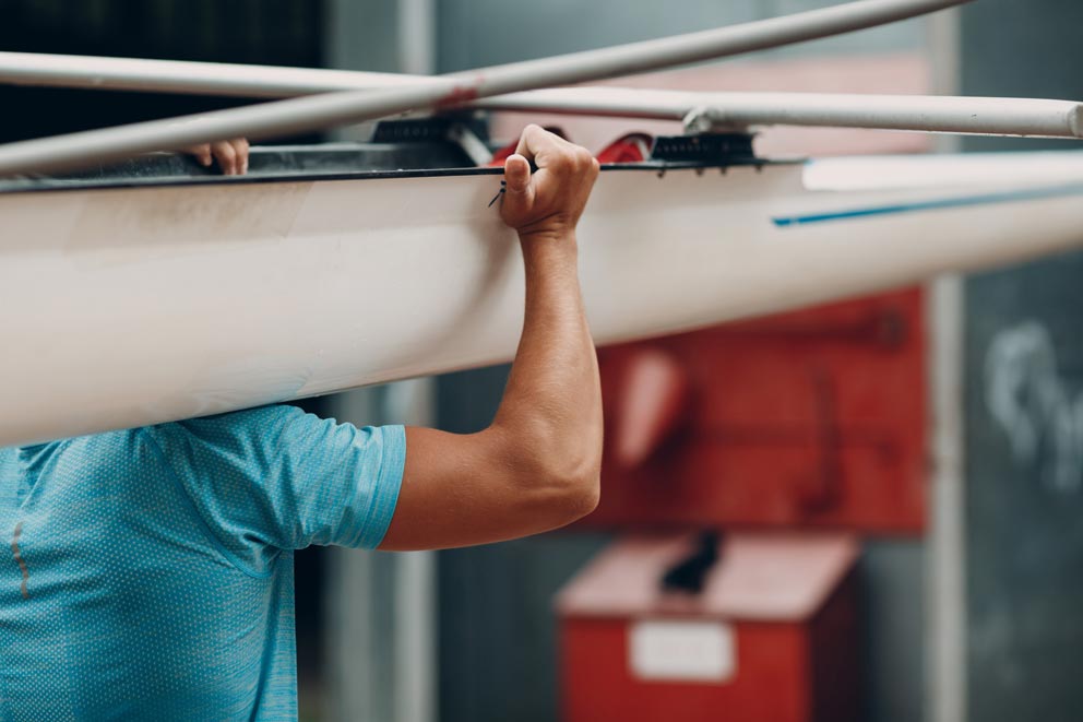 Sportsman Single Scull Man Rower Prepare To Competition Boat Regatta. Olympic Games Sport.